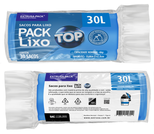 SACO DE LIXO TOP 30 LITROS AZUL (59X62 CM) - FARDO COM 10 ROLOS (30 UND POR ROLO)