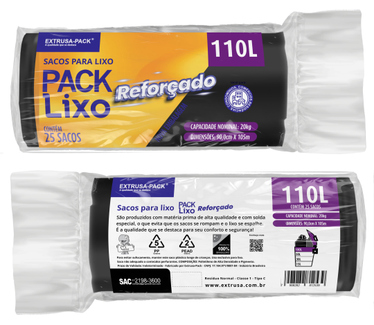 PACK LIXO REFORCADO 110 LITROS PRETO 90X105 FD 06X25 UN