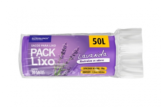 SACO DE LIXO LAVANDA 50 LITROS (63X80 CM) - FARDO COM 10 ROLOS (30 UND POR ROLO)