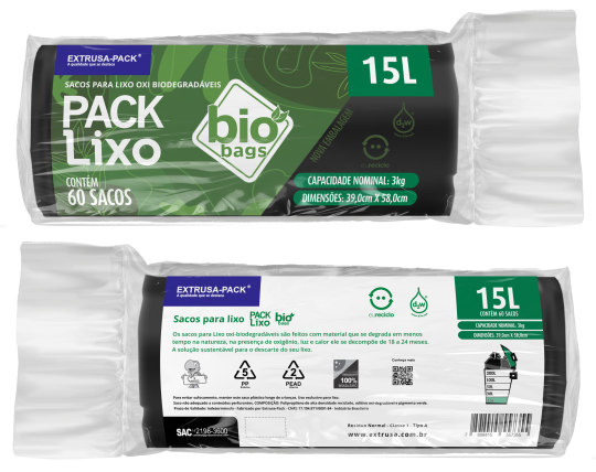 SACO DE LIXO BIOBAGS 15 LITROS PRETO (39X58 CM) - FARDO COM 10 ROLOS (60 UND POR ROLO)
